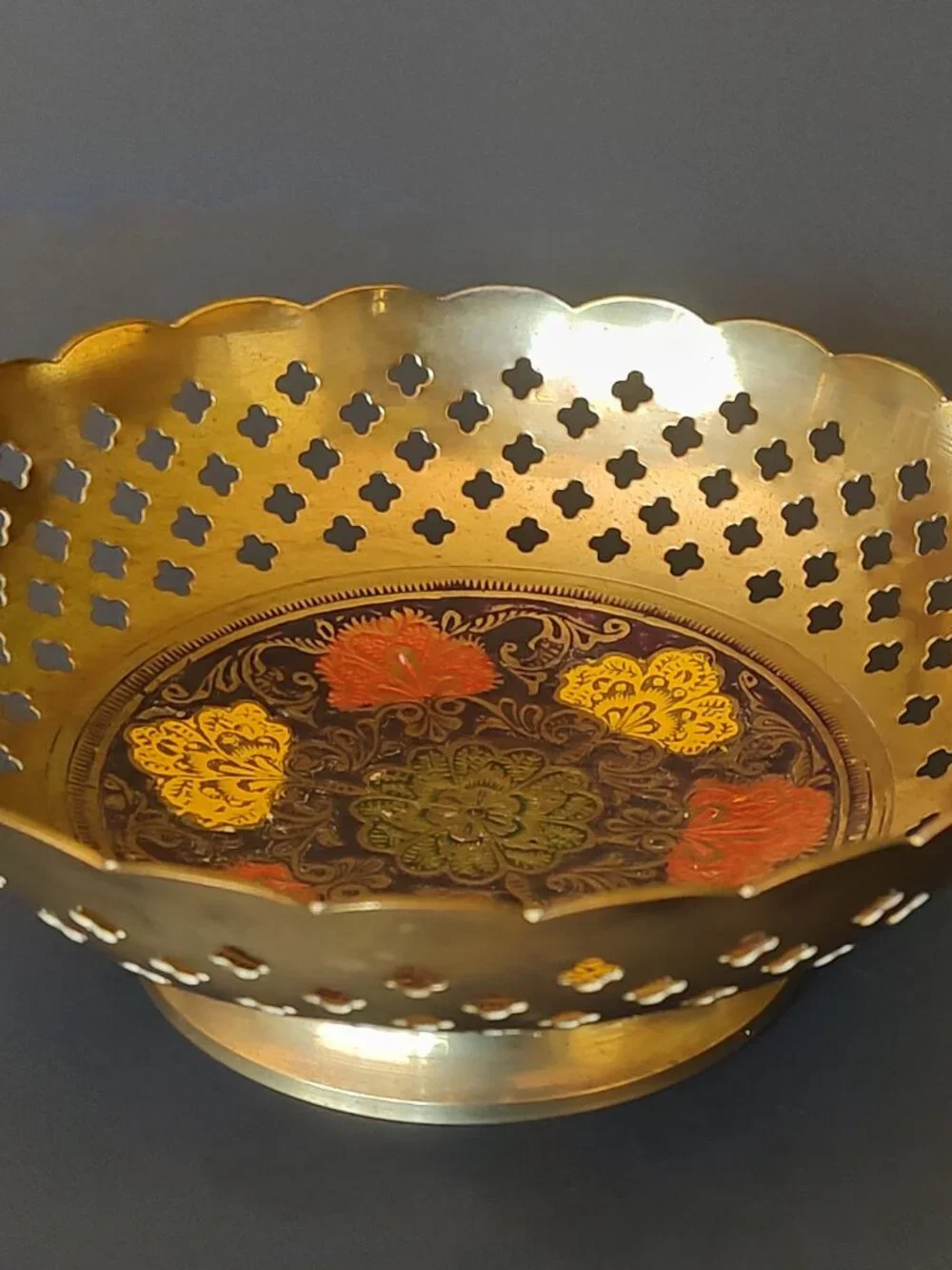 Vintage Indian Brass Pedestal Bowl Pierced Woven Design Enameled Floral Center